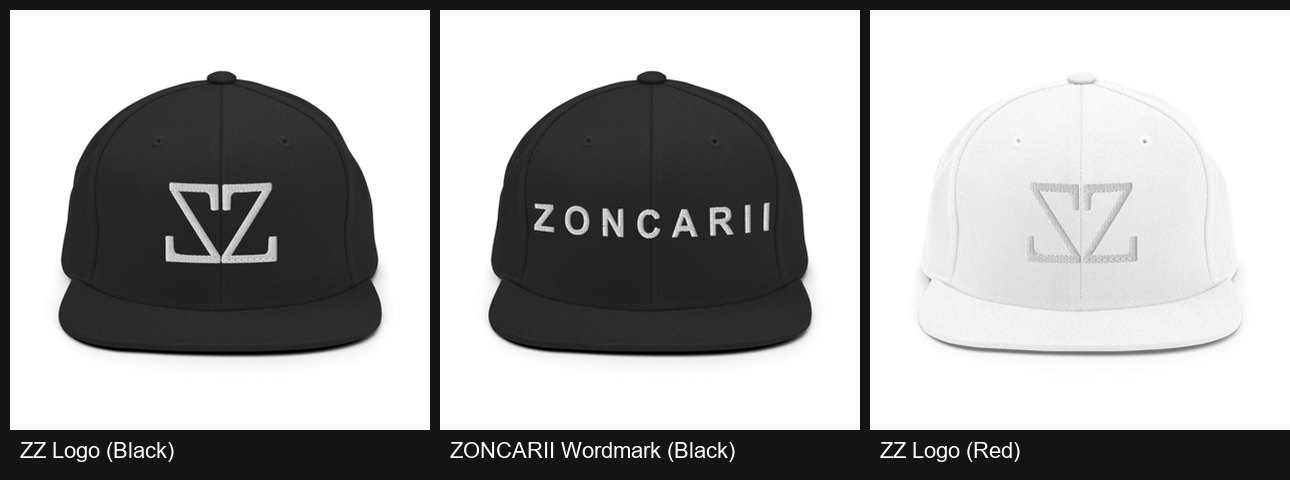Zoncarii embroidered snapbacks — SZ logo and wordmark